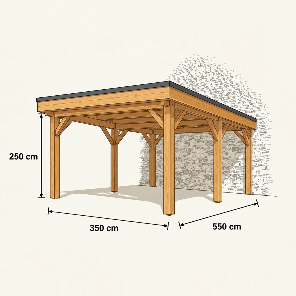 Fiche technique cotée — Carport bois toit plat EPDM adossé
