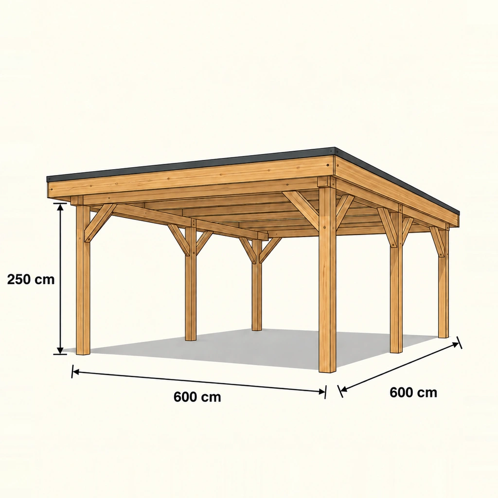 Fiche technique cotée — Carport bois toit plat EPDM · 2 voitures
