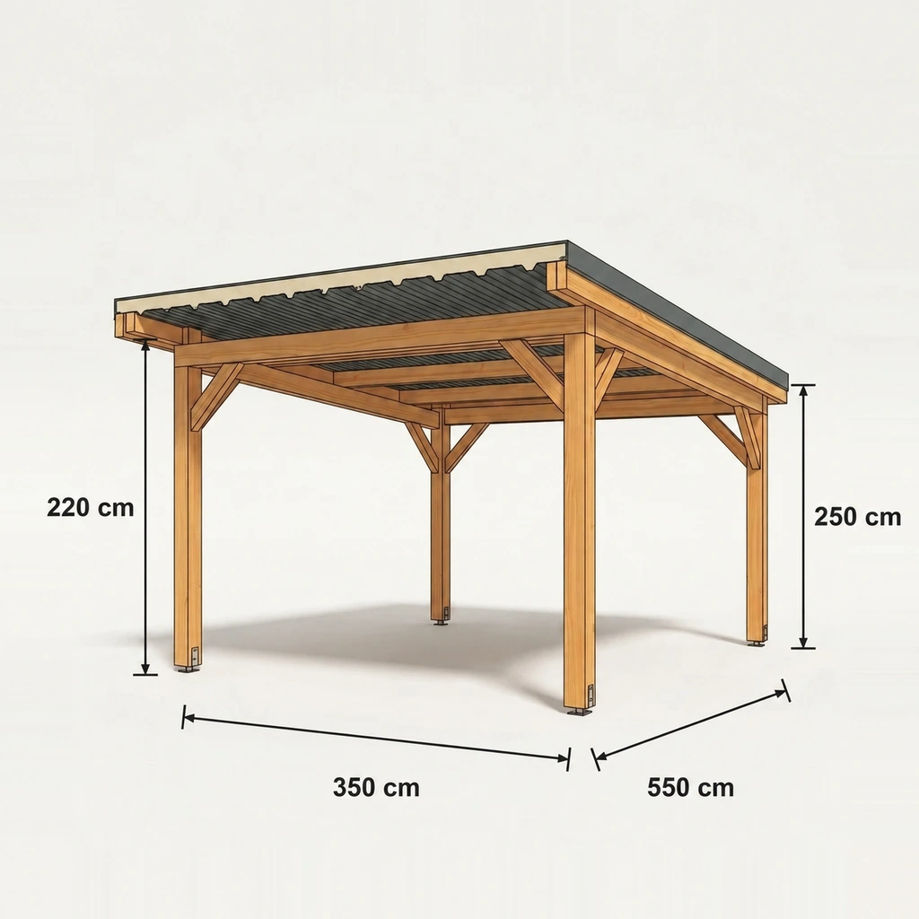 Fiche technique cotée — Carport bois bac acier · 1 voiture