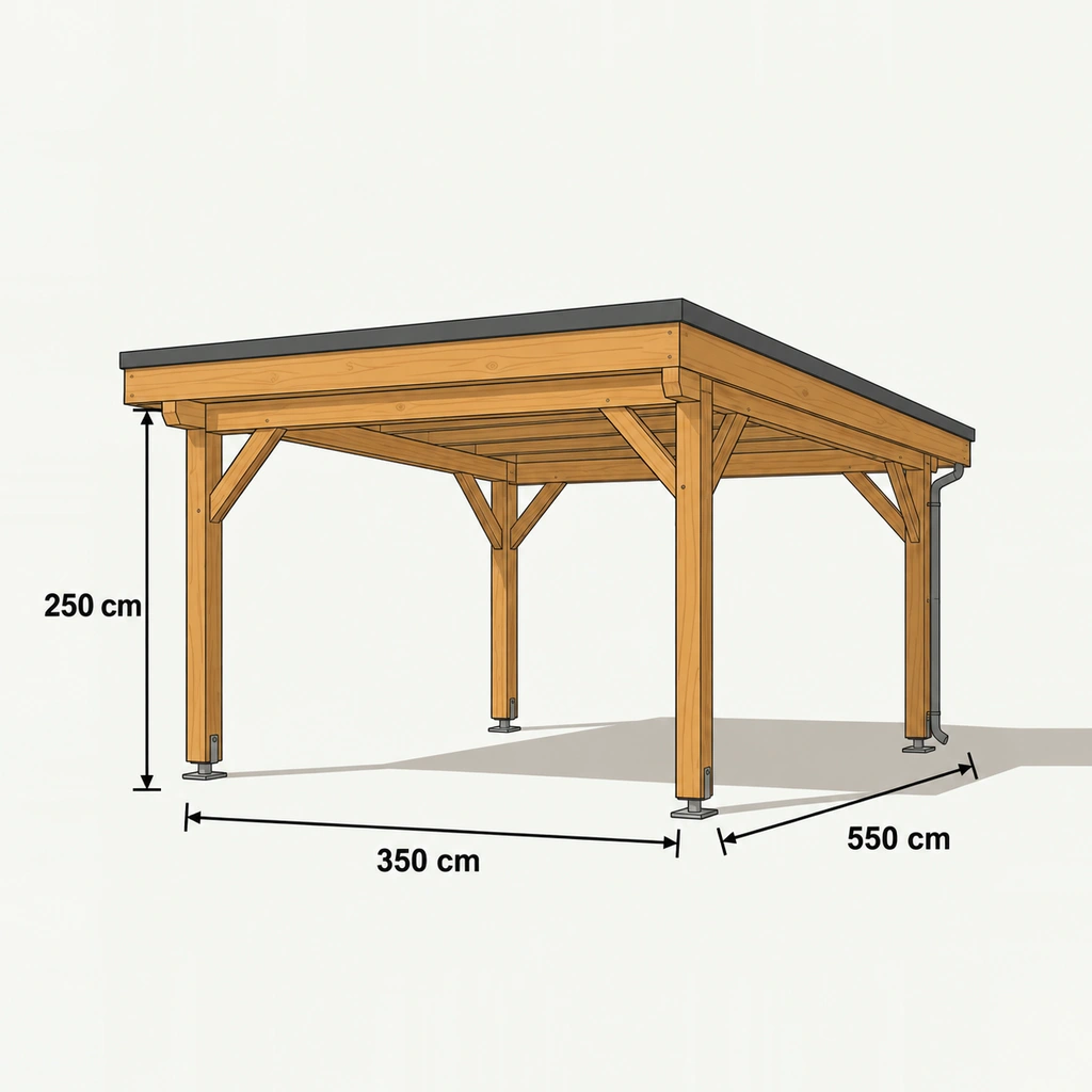Fiche technique cotée — Carport bois toit plat EPDM · 1 voiture