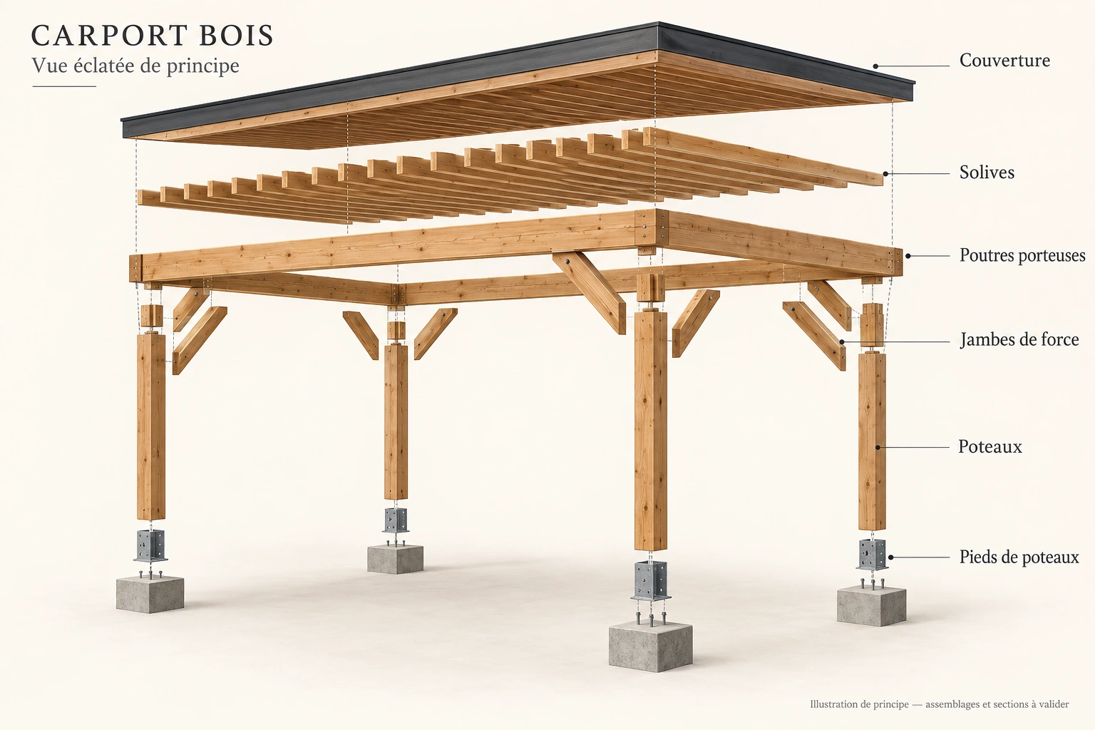 Vue éclatée de principe du carport bois avec légendes