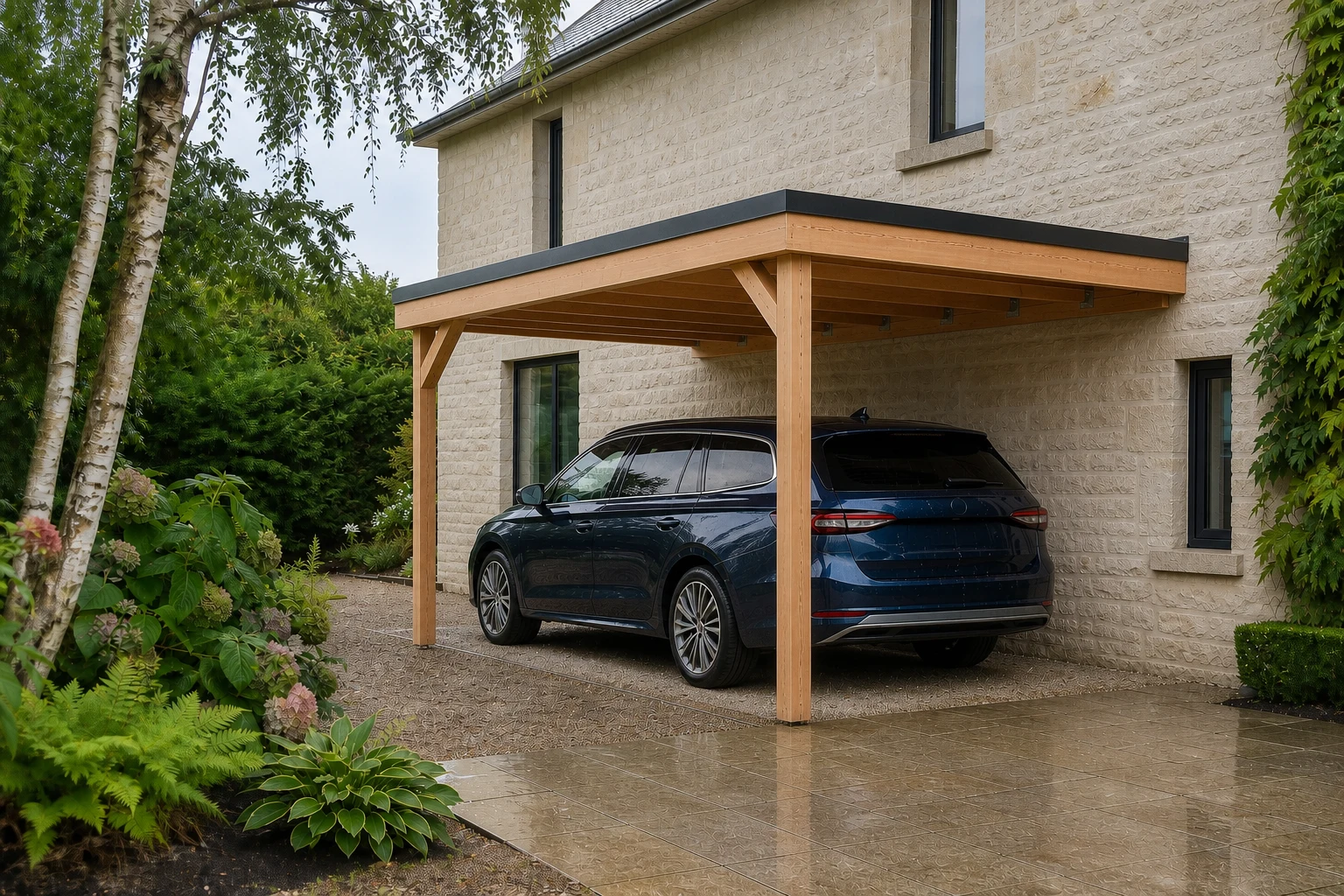 Carport à toit plat adossé