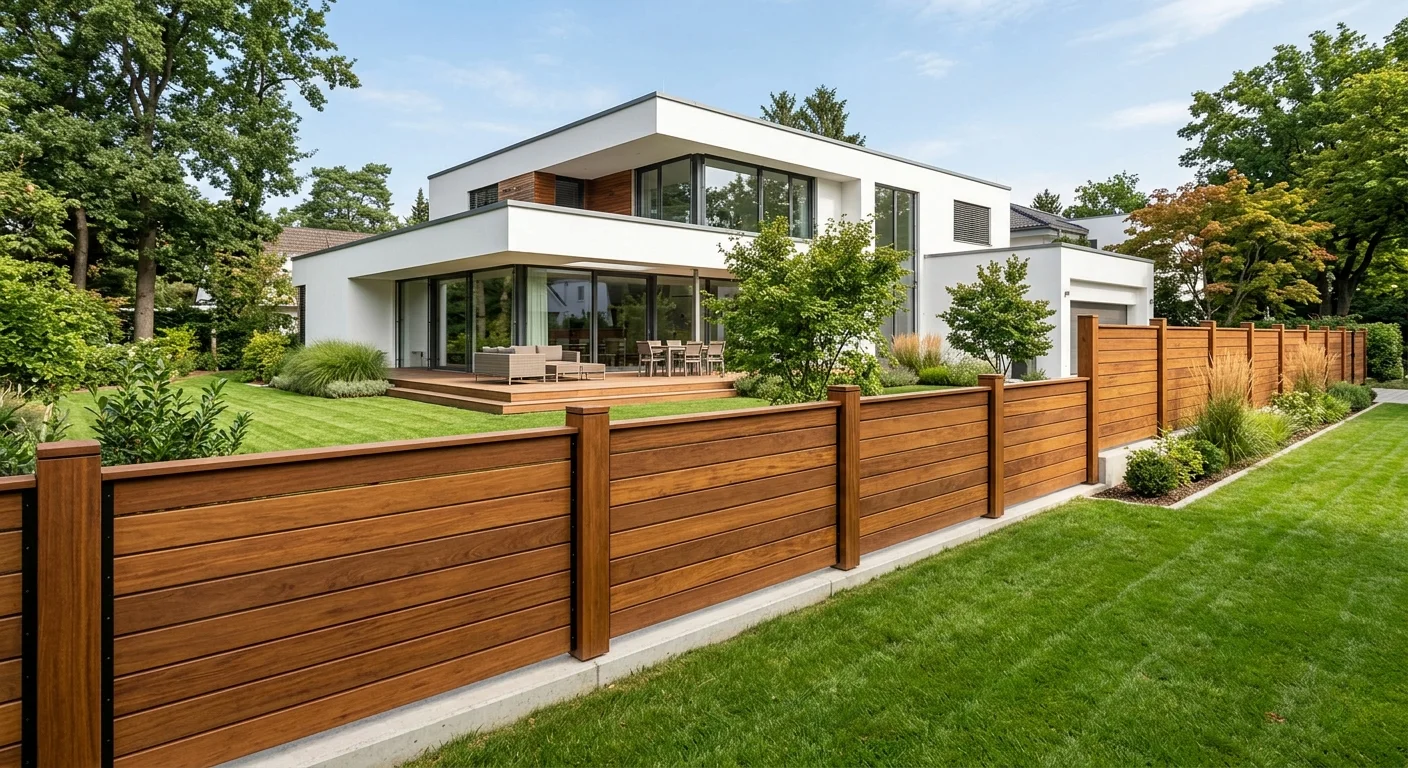 Clôture bois à lames horizontales devant une maison contemporaine