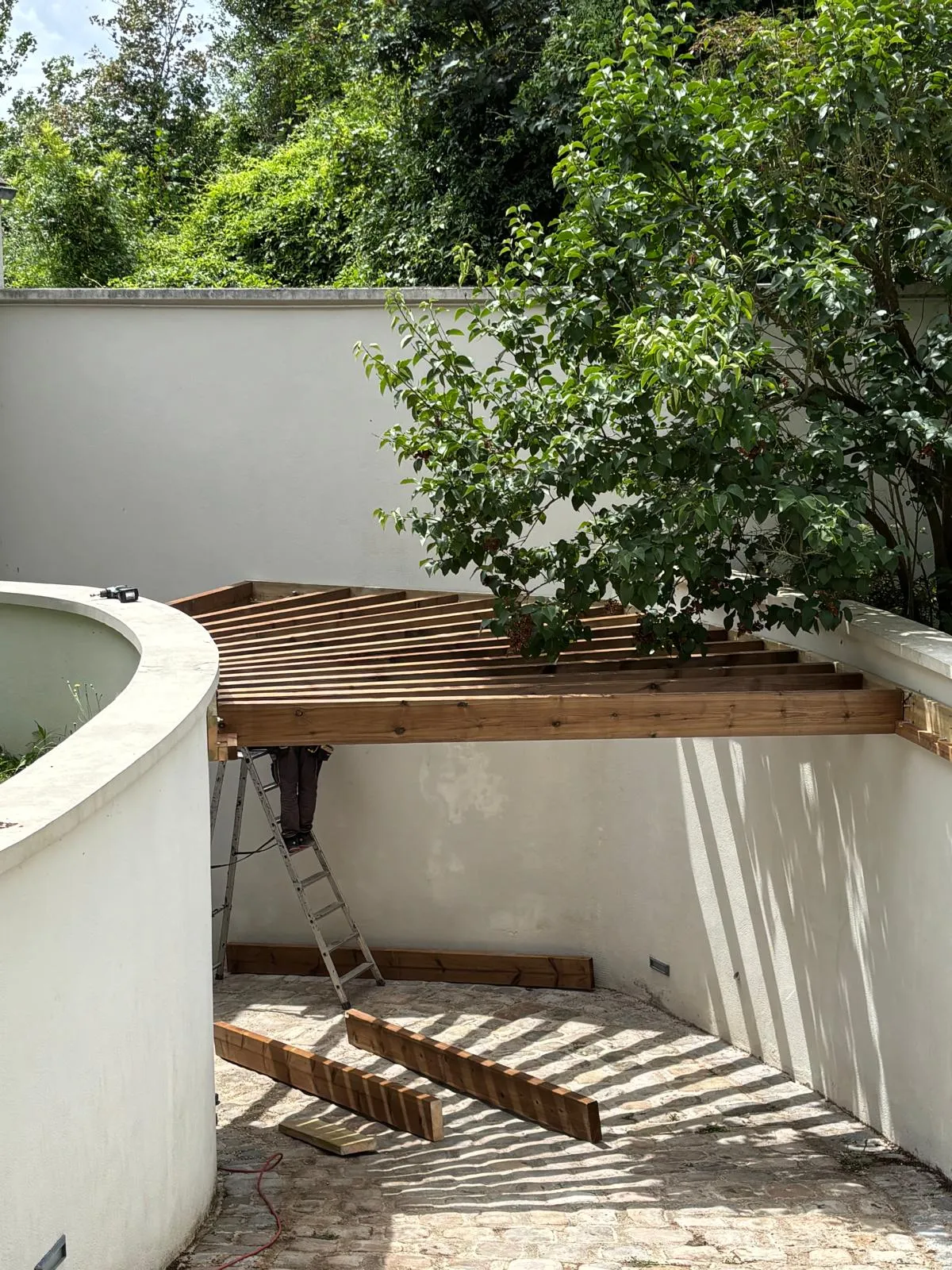 Pergola bois en porte-à-faux surplombant un coin piscine, avec arbre intégré