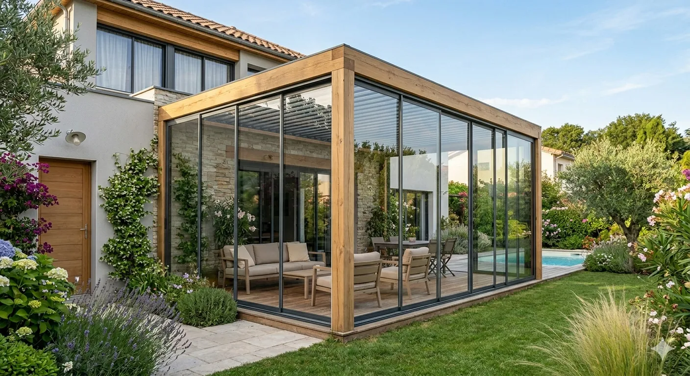 Pergola bois vitrée dans un jardin