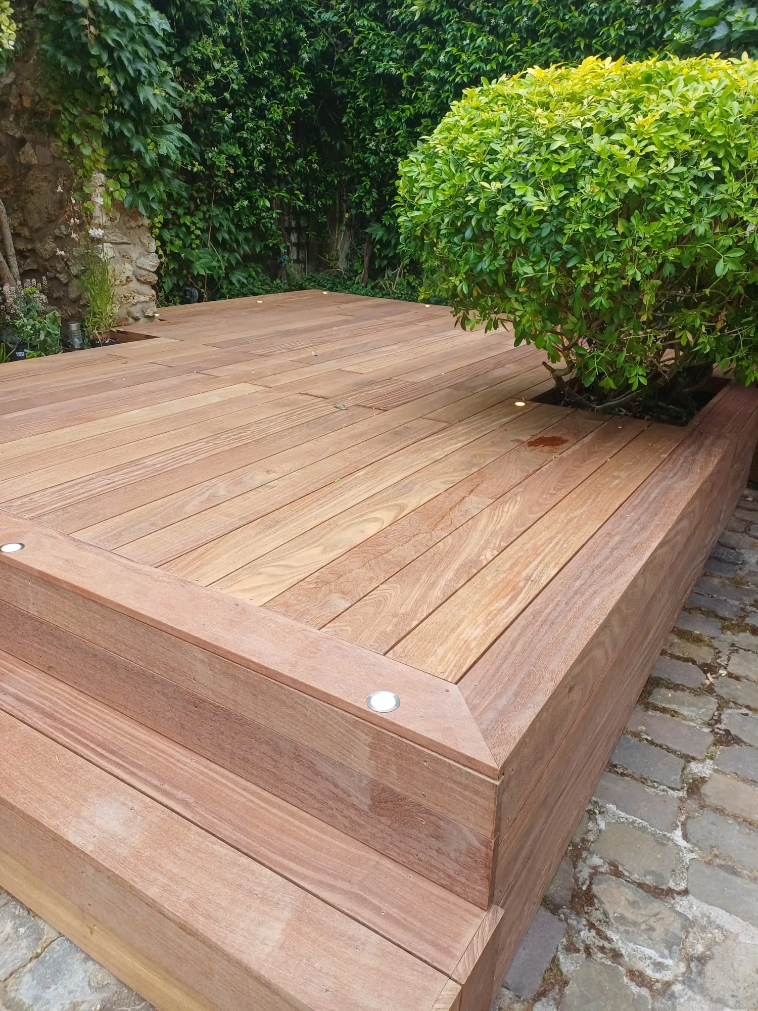 Terrasse bois exotique cumaru avec emmarchement et spots encastrés le long du jardin, à Chambourcy